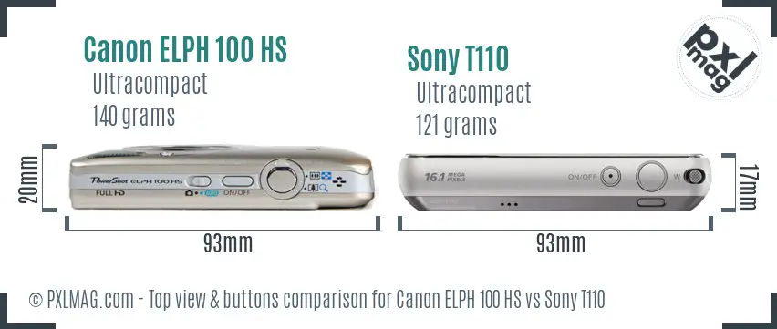 Canon ELPH 100 HS vs Sony T110 top view buttons comparison