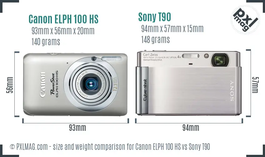 Canon ELPH 100 HS vs Sony T90 size comparison