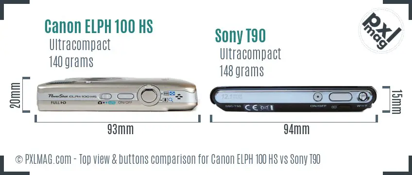 Canon ELPH 100 HS vs Sony T90 top view buttons comparison