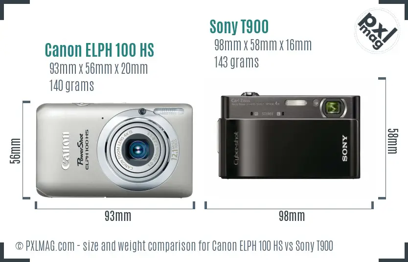 Canon ELPH 100 HS vs Sony T900 size comparison
