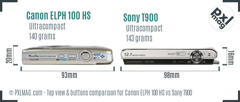 Canon ELPH 100 HS vs Sony T900 top view buttons comparison
