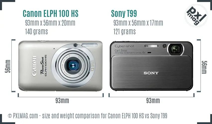 Canon ELPH 100 HS vs Sony T99 size comparison