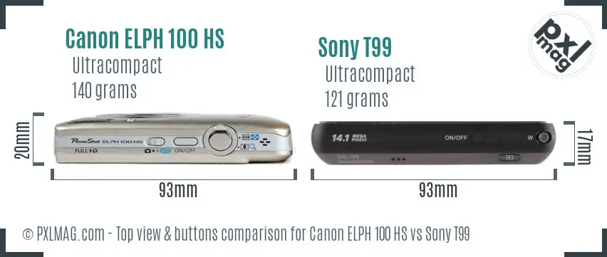 Canon ELPH 100 HS vs Sony T99 top view buttons comparison