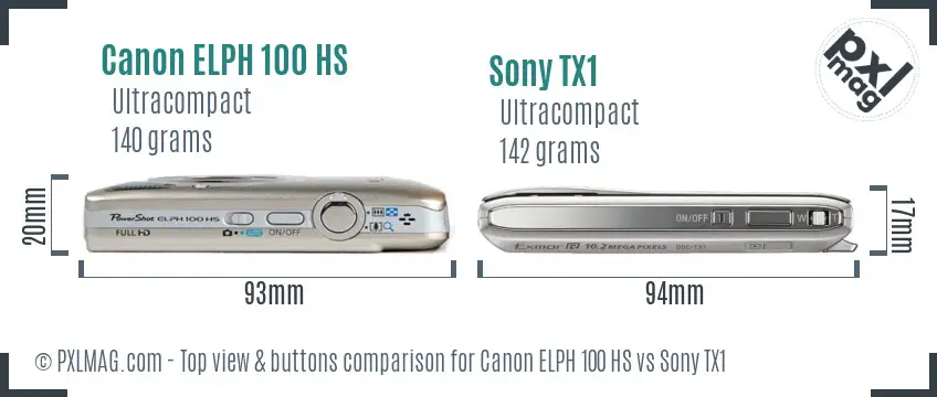 Canon ELPH 100 HS vs Sony TX1 top view buttons comparison