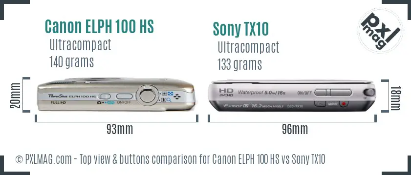 Canon ELPH 100 HS vs Sony TX10 top view buttons comparison
