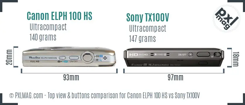 Canon ELPH 100 HS vs Sony TX100V top view buttons comparison