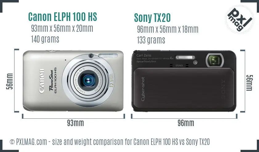 Canon ELPH 100 HS vs Sony TX20 size comparison