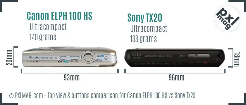 Canon ELPH 100 HS vs Sony TX20 top view buttons comparison