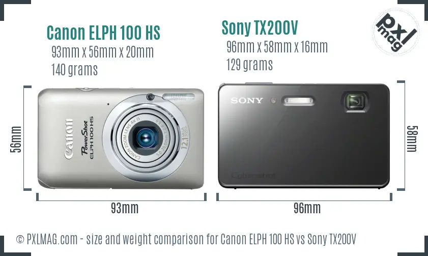 Canon ELPH 100 HS vs Sony TX200V size comparison