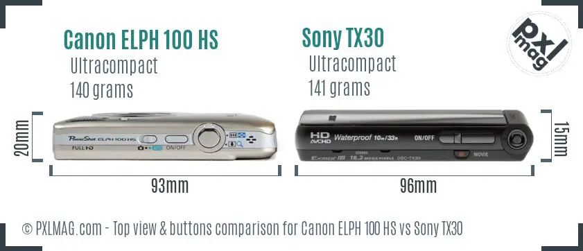 Canon ELPH 100 HS vs Sony TX30 top view buttons comparison