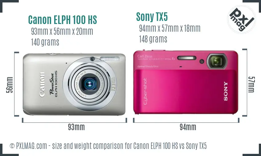 Canon ELPH 100 HS vs Sony TX5 size comparison
