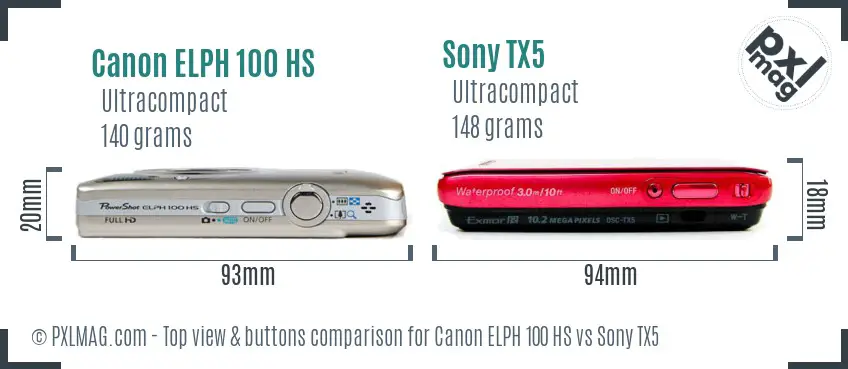 Canon ELPH 100 HS vs Sony TX5 top view buttons comparison