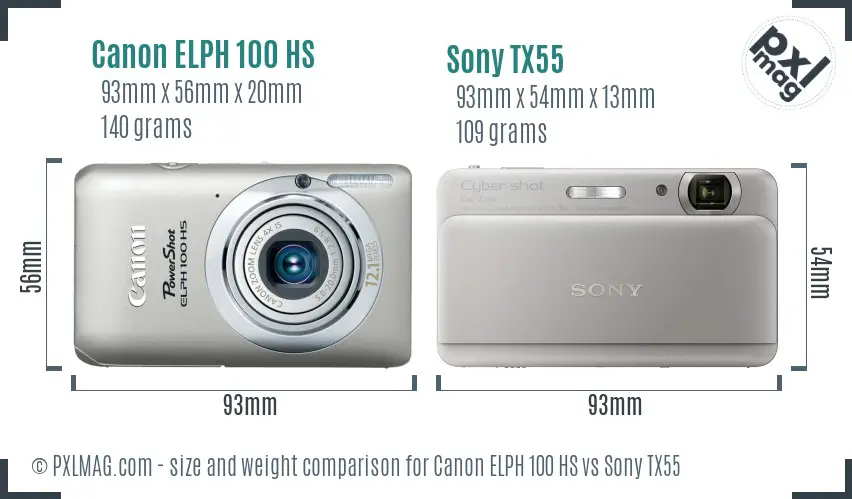 Canon ELPH 100 HS vs Sony TX55 size comparison