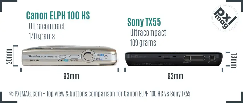 Canon ELPH 100 HS vs Sony TX55 top view buttons comparison