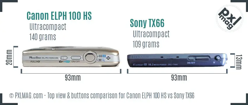 Canon ELPH 100 HS vs Sony TX66 top view buttons comparison