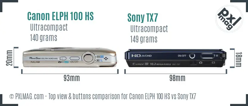 Canon ELPH 100 HS vs Sony TX7 top view buttons comparison