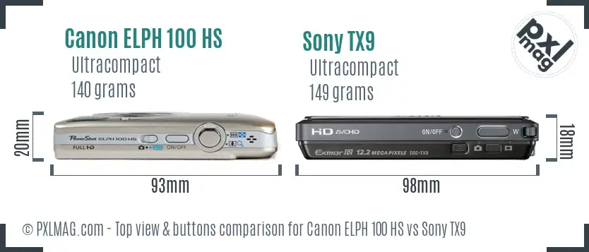 Canon ELPH 100 HS vs Sony TX9 top view buttons comparison