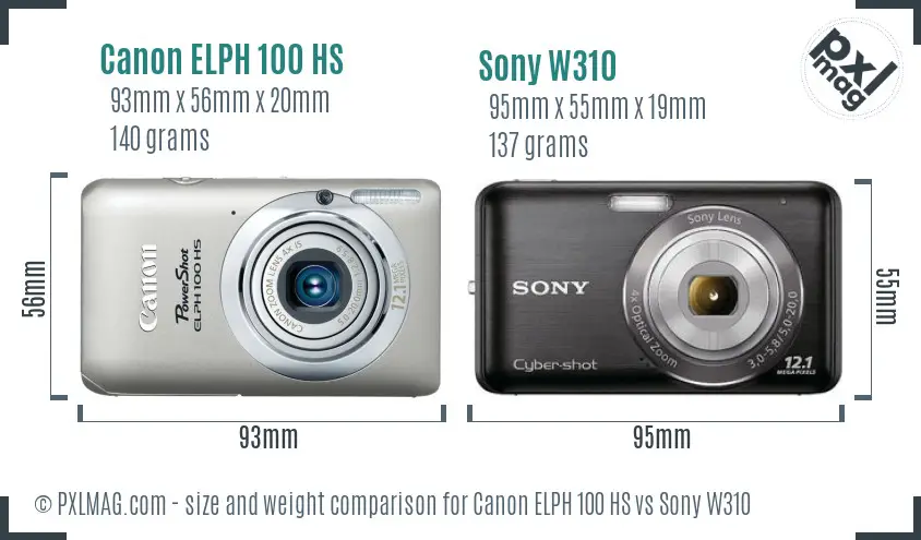 Canon ELPH 100 HS vs Sony W310 size comparison
