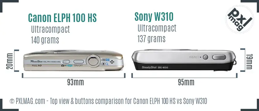 Canon ELPH 100 HS vs Sony W310 top view buttons comparison