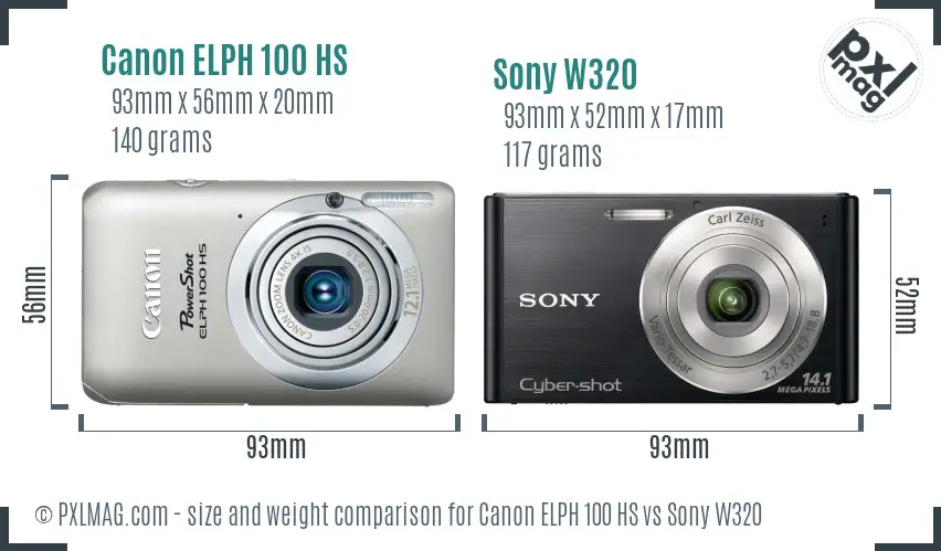 Canon ELPH 100 HS vs Sony W320 size comparison