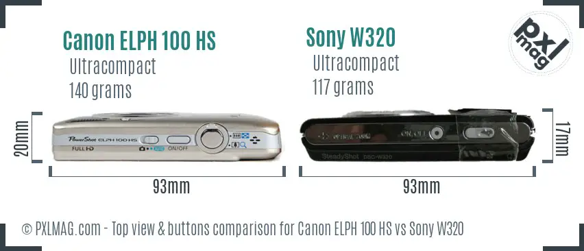 Canon ELPH 100 HS vs Sony W320 top view buttons comparison