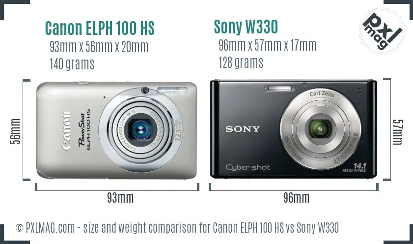 Canon ELPH 100 HS vs Sony W330 size comparison
