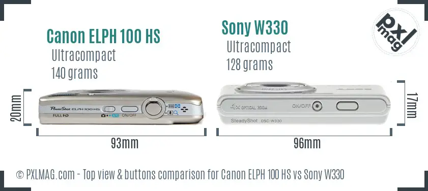 Canon ELPH 100 HS vs Sony W330 top view buttons comparison