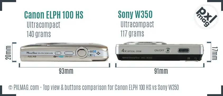 Canon ELPH 100 HS vs Sony W350 top view buttons comparison