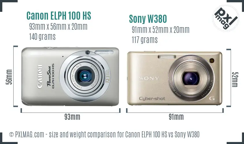 Canon ELPH 100 HS vs Sony W380 size comparison