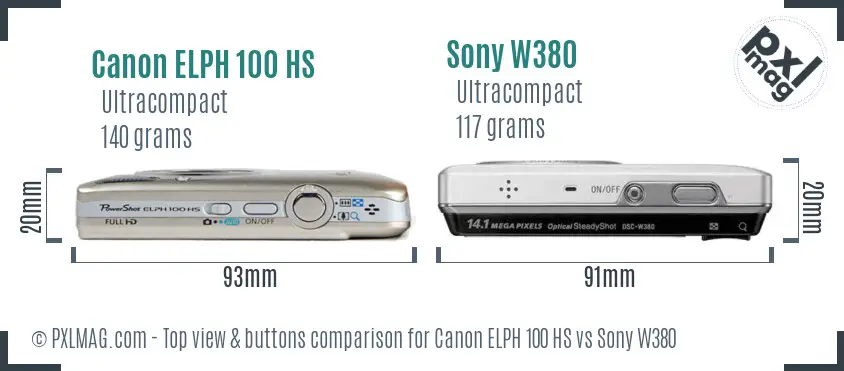 Canon ELPH 100 HS vs Sony W380 top view buttons comparison