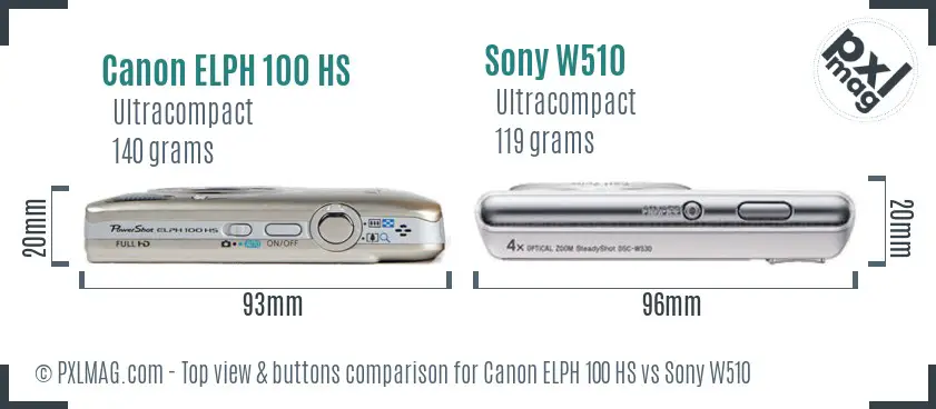 Canon ELPH 100 HS vs Sony W510 top view buttons comparison