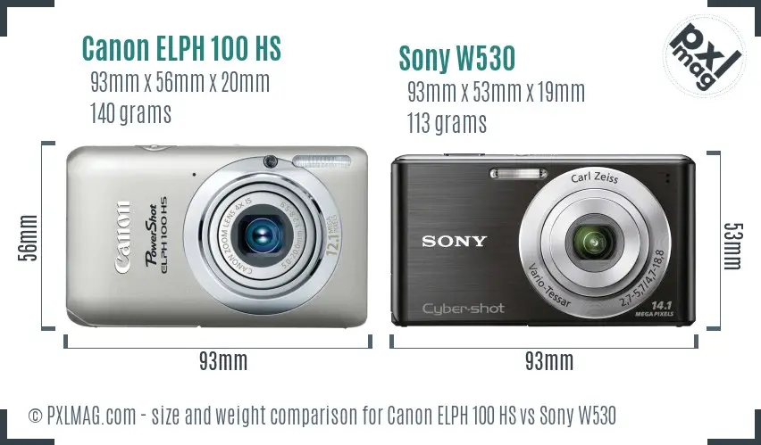 Canon ELPH 100 HS vs Sony W530 size comparison