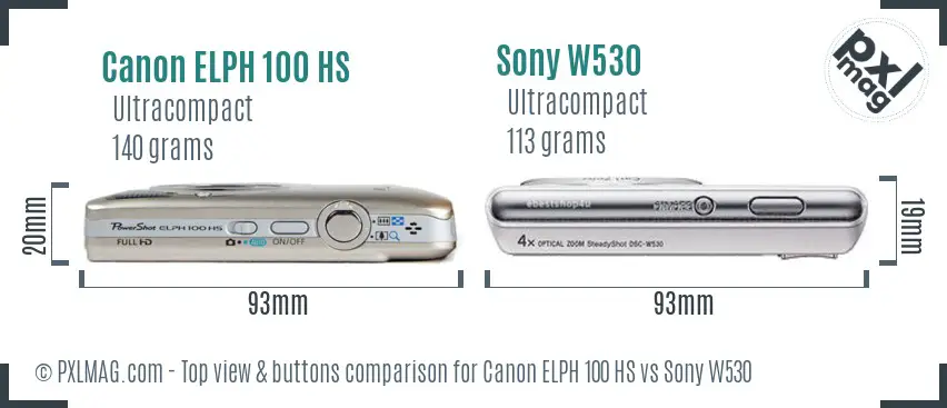 Canon ELPH 100 HS vs Sony W530 top view buttons comparison