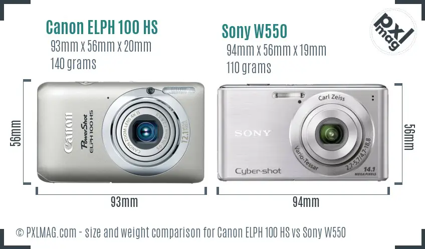 Canon ELPH 100 HS vs Sony W550 size comparison