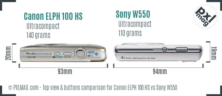 Canon ELPH 100 HS vs Sony W550 top view buttons comparison