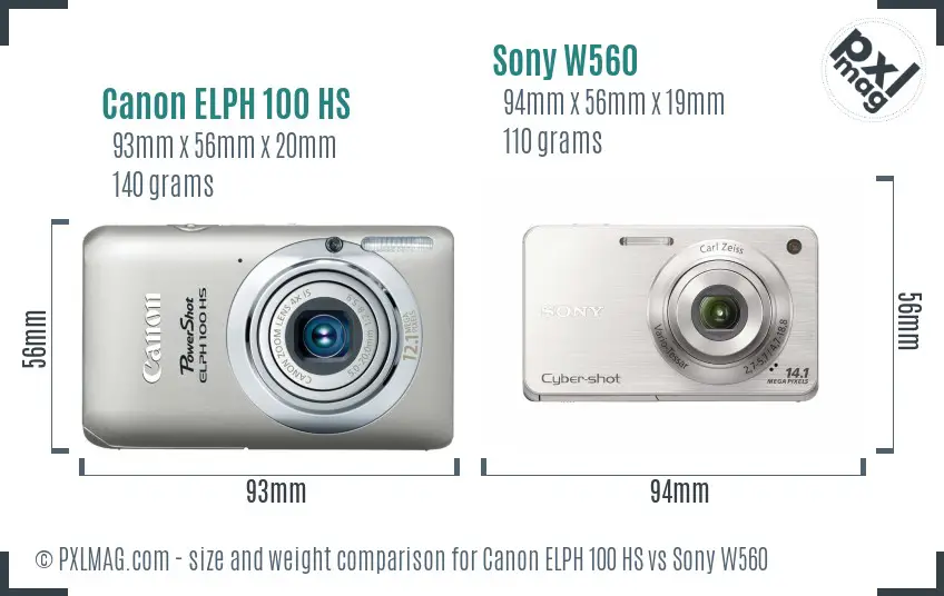 Canon ELPH 100 HS vs Sony W560 size comparison