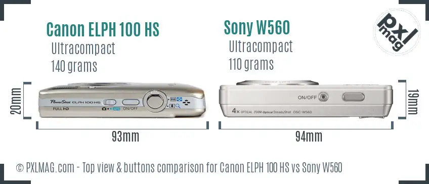 Canon ELPH 100 HS vs Sony W560 top view buttons comparison