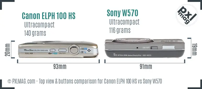 Canon ELPH 100 HS vs Sony W570 top view buttons comparison