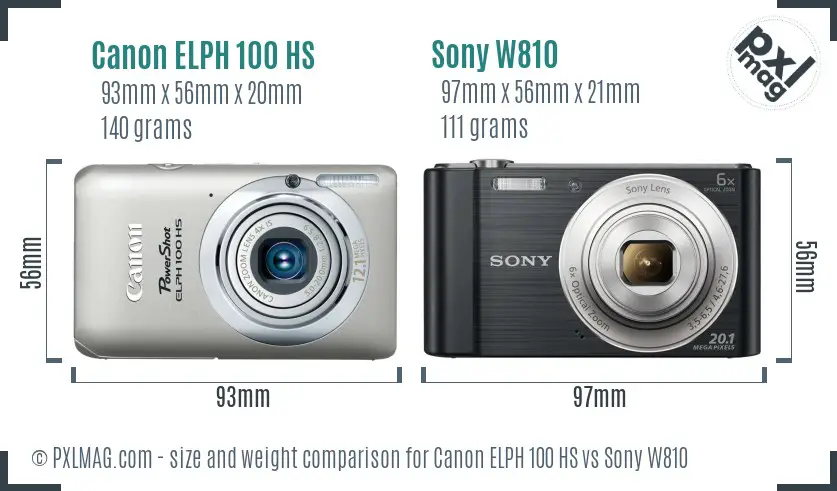 Canon ELPH 100 HS vs Sony W810 size comparison