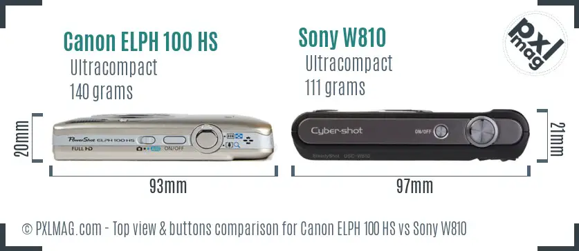 Canon ELPH 100 HS vs Sony W810 top view buttons comparison