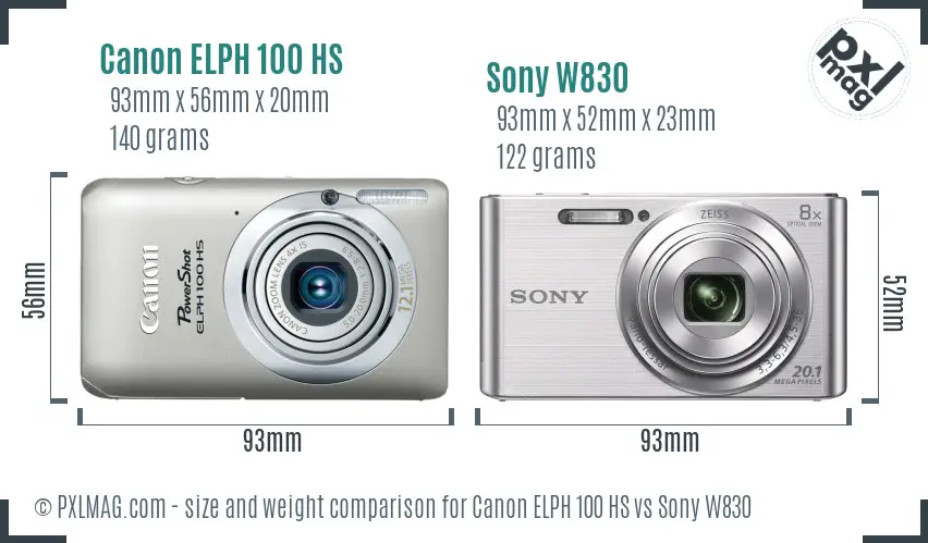 Canon ELPH 100 HS vs Sony W830 size comparison