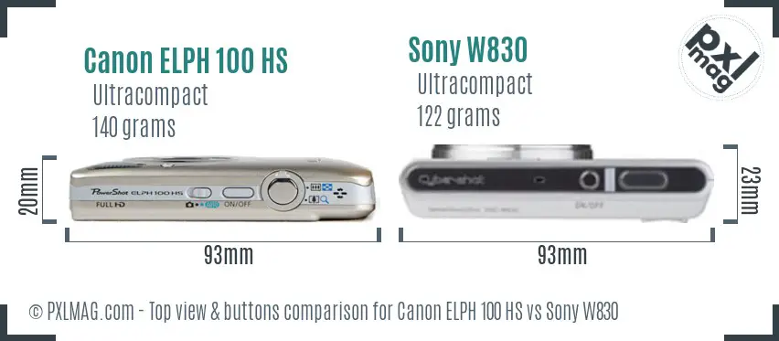 Canon ELPH 100 HS vs Sony W830 top view buttons comparison