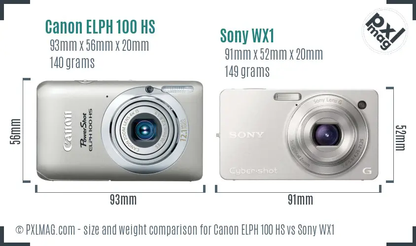 Canon ELPH 100 HS vs Sony WX1 size comparison