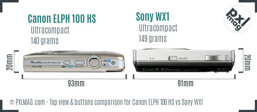 Canon ELPH 100 HS vs Sony WX1 top view buttons comparison