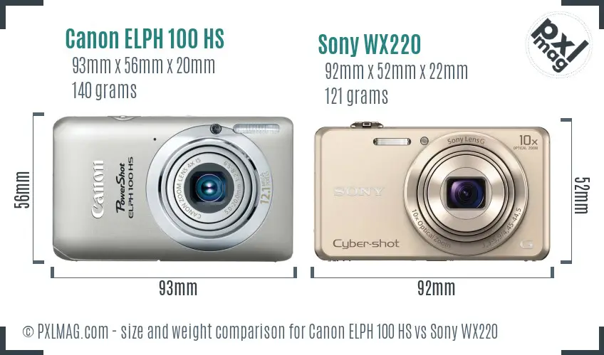 Canon ELPH 100 HS vs Sony WX220 size comparison