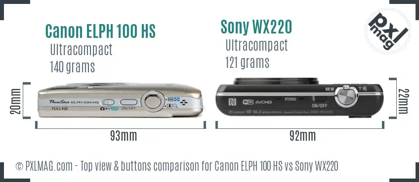 Canon ELPH 100 HS vs Sony WX220 top view buttons comparison