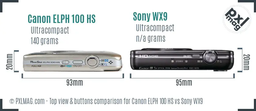 Canon ELPH 100 HS vs Sony WX9 top view buttons comparison