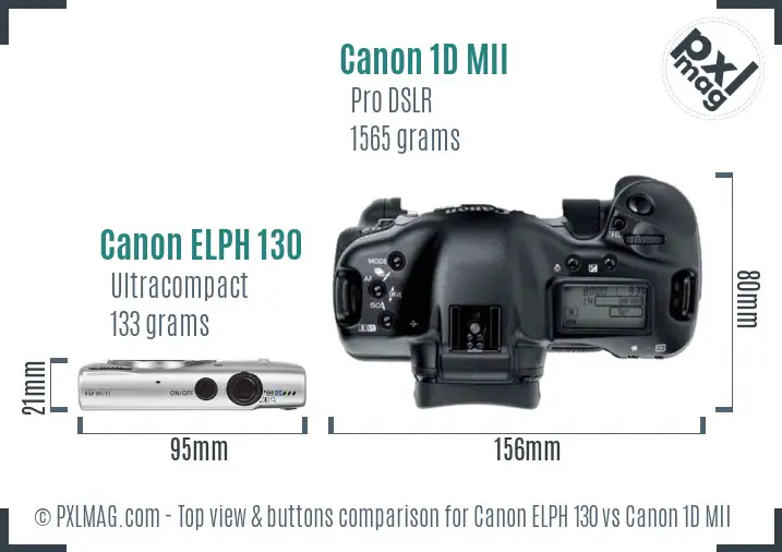 Canon ELPH 130 vs Canon 1D MII top view buttons comparison Canon ELPH 130 vs Canon 1D MII top view buttons comparison