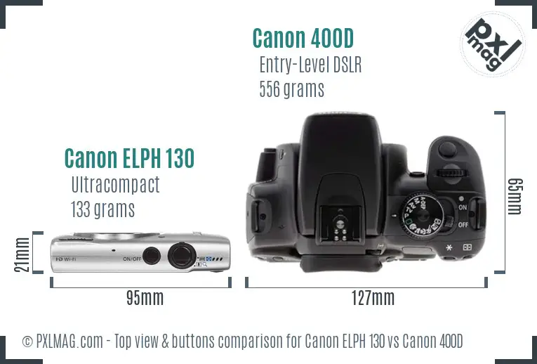 Canon ELPH 130 vs Canon 400D top view buttons comparison Canon ELPH 130 vs Canon 400D top view buttons comparison