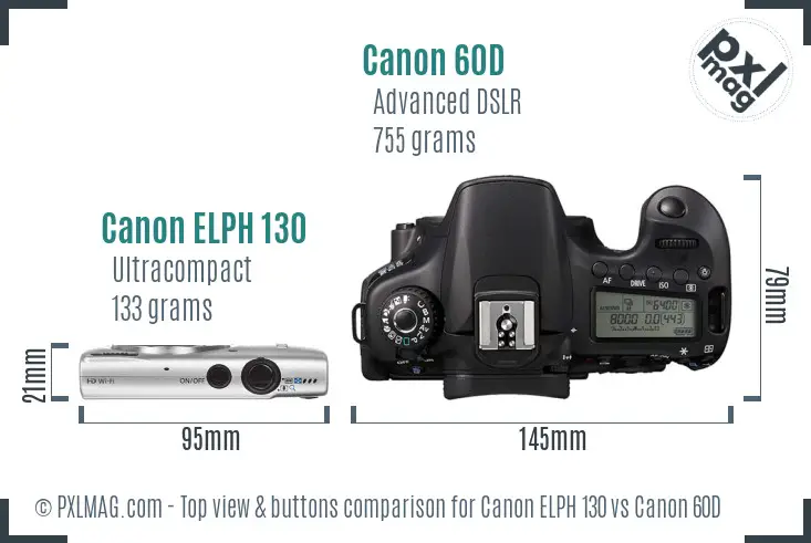 Canon ELPH 130 vs Canon 60D top view buttons comparison